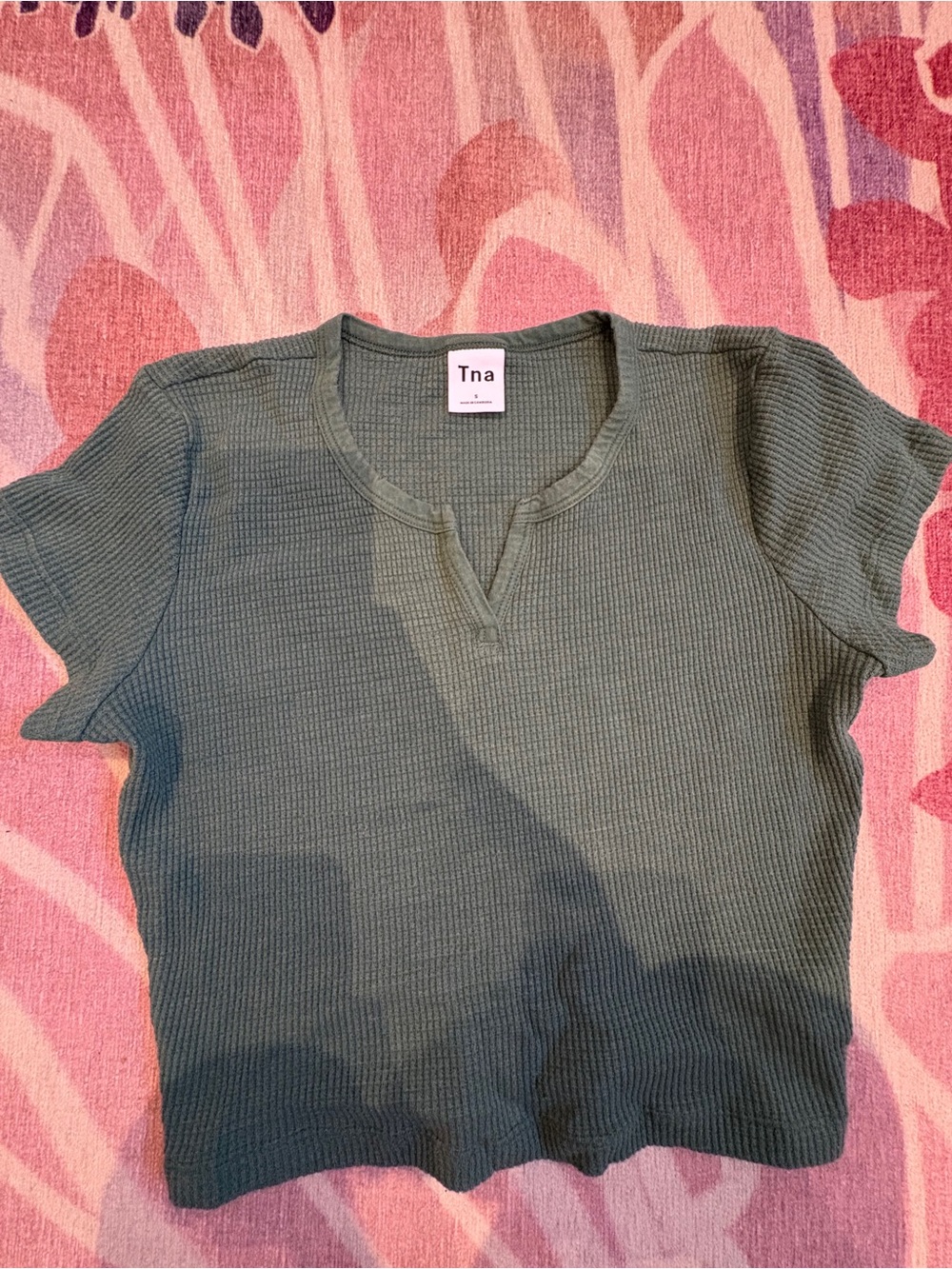 TNA Olive Ribbed Short Sleeve Top with Notch Neck